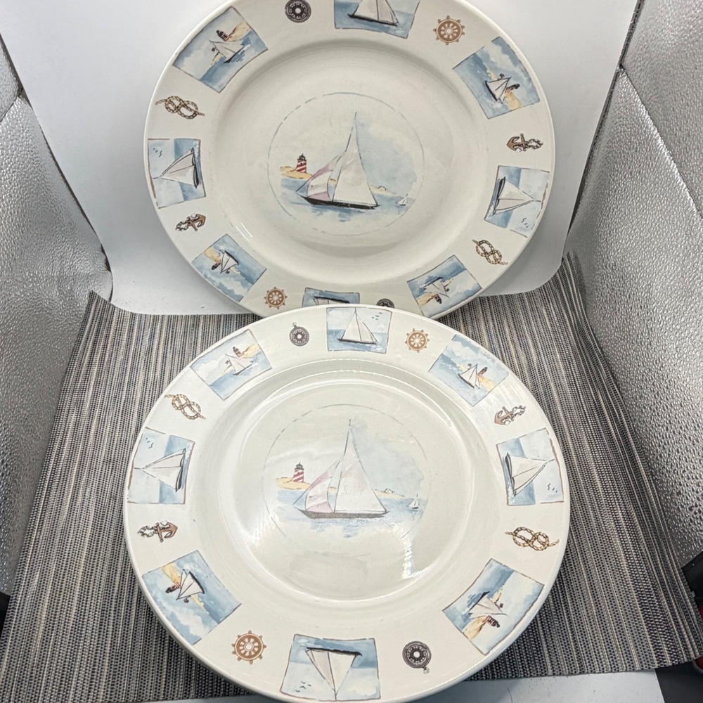 Gibson Everyday Nautical Sailboat Dinner Plates Set of 2 Ceramic 11 inch Vintage